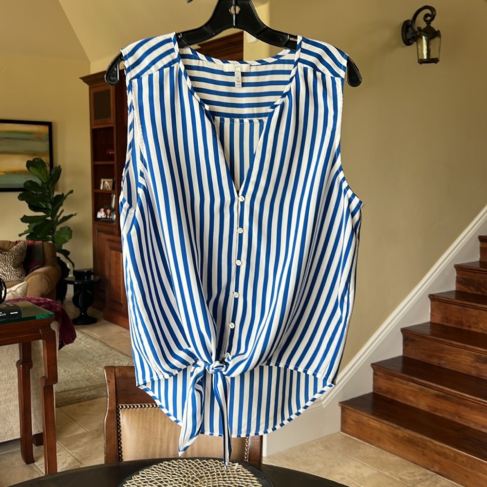 Joie Tyson Tank 100% Silk Front Tie High Seas Blue & Porcelain White Stripe M - Picture 3 of 5